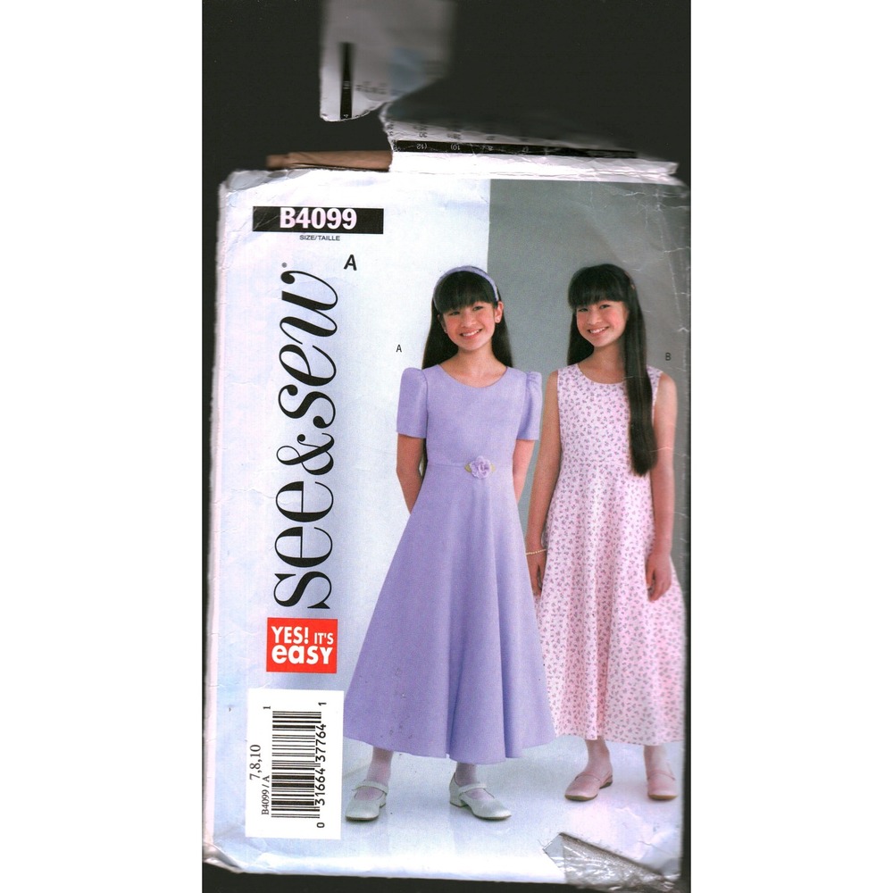 Butterick B4099 Girls Dress Sewing Pattern Sizes 7 8 10 Easy Sleeveless Flared